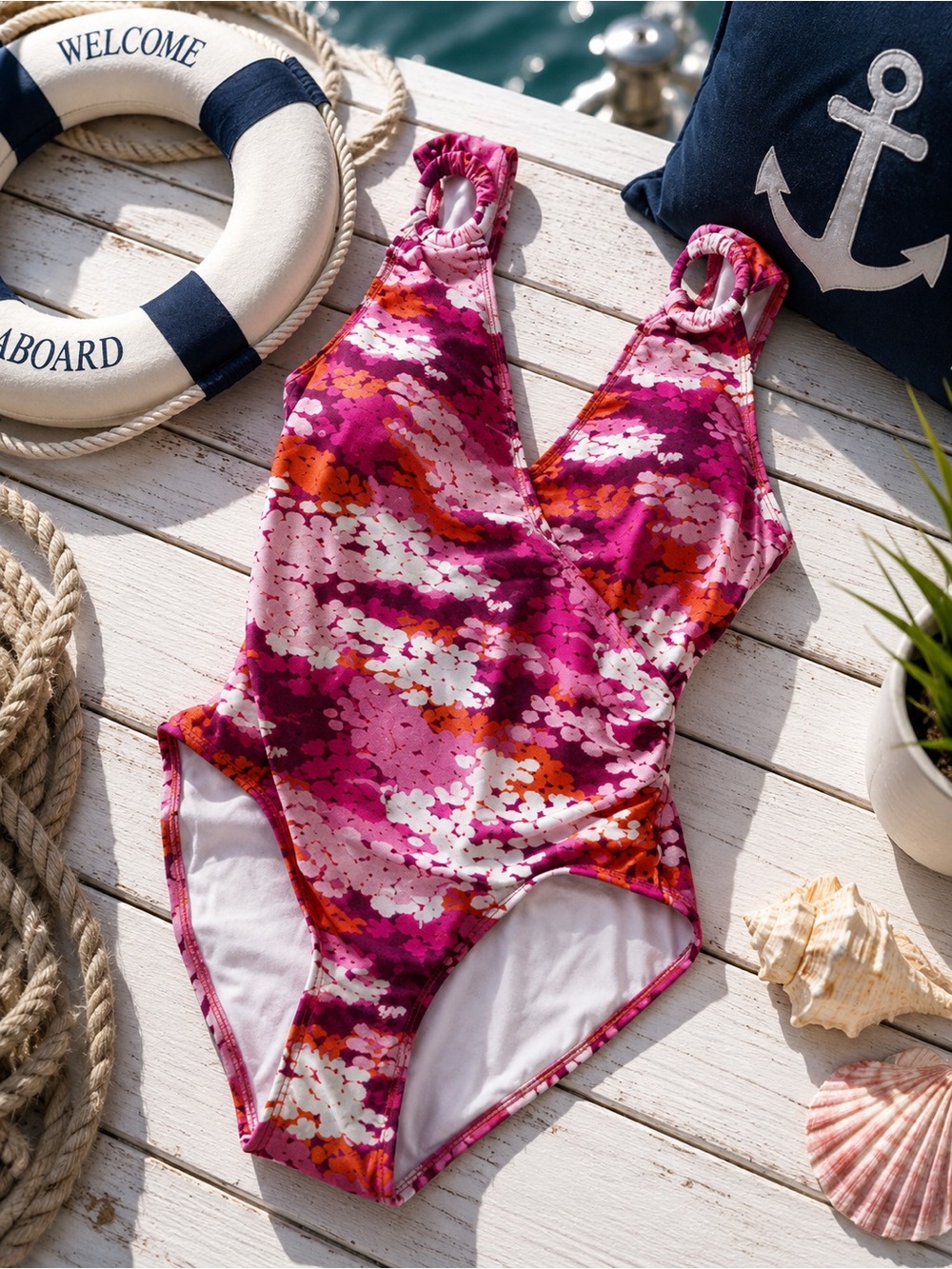 Carmen Marc Valvo Pink Floral One Piece Swimsuit Size 6 NWT